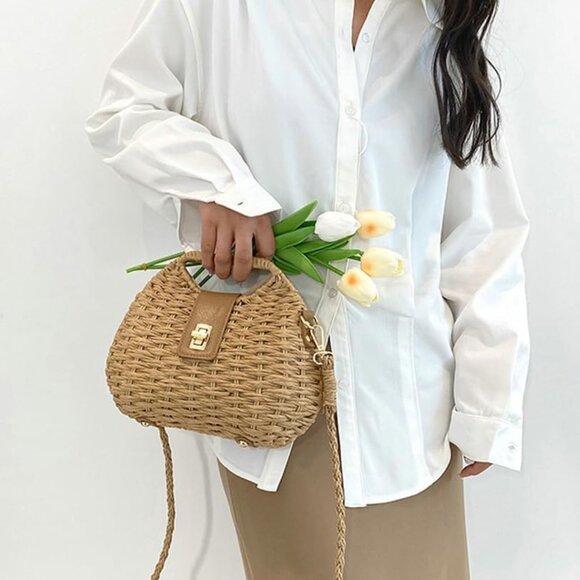 Straw Woven Beach Bag Dumpling Shape Crossbody Shoulder Purse for Women - Picture 7 of 7